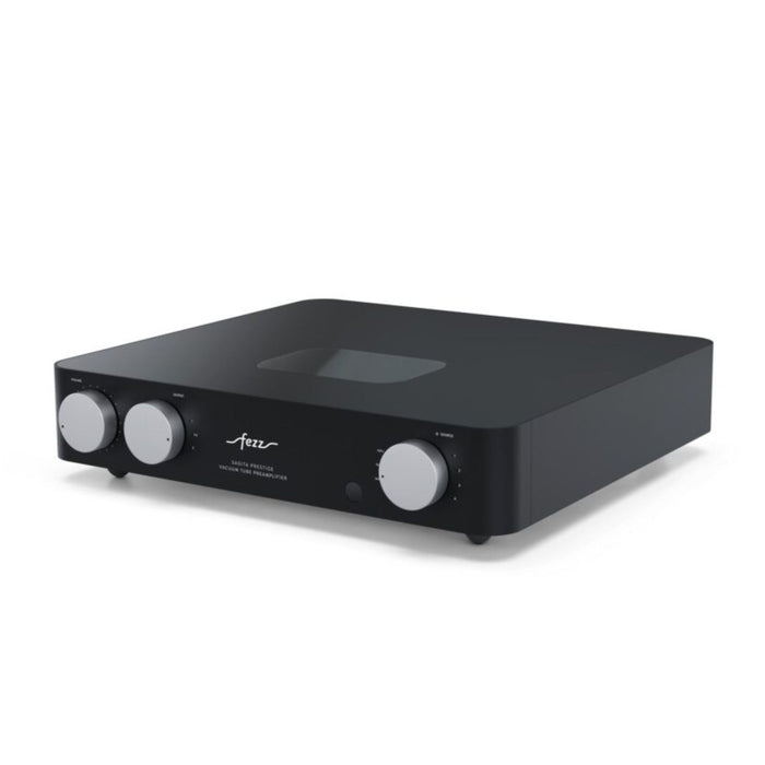 Fezz Audio Sagita Prestige Premium Balanced Tube Preamplifier angled view, in Black Ice