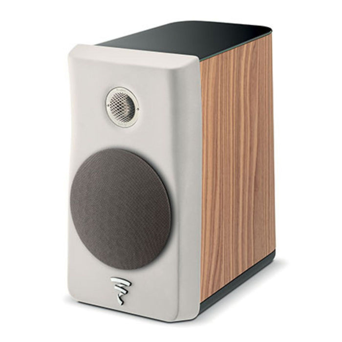 Focal Kanta No1 Bookshelf Speakers, walnut mat and ivory mat angled view