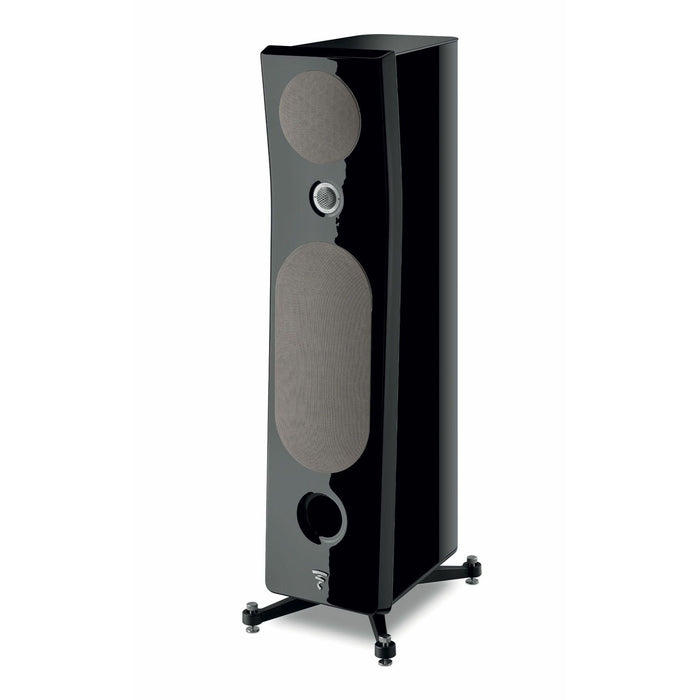 Focal Kanta No. 3 Floorstanding Speakers, black high gloss and deep black angled view with grill