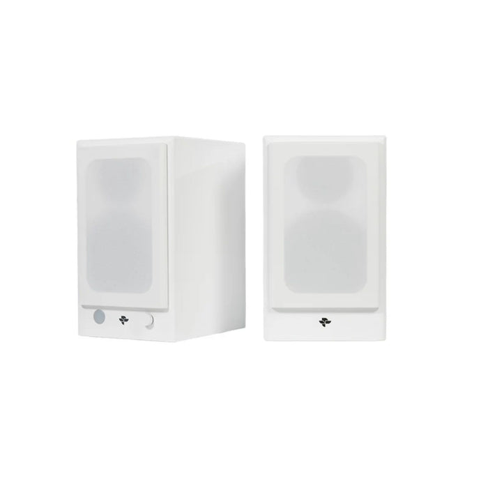 Totem Acoustic KIN Play Mini Bookshelf Speakers in white with grills