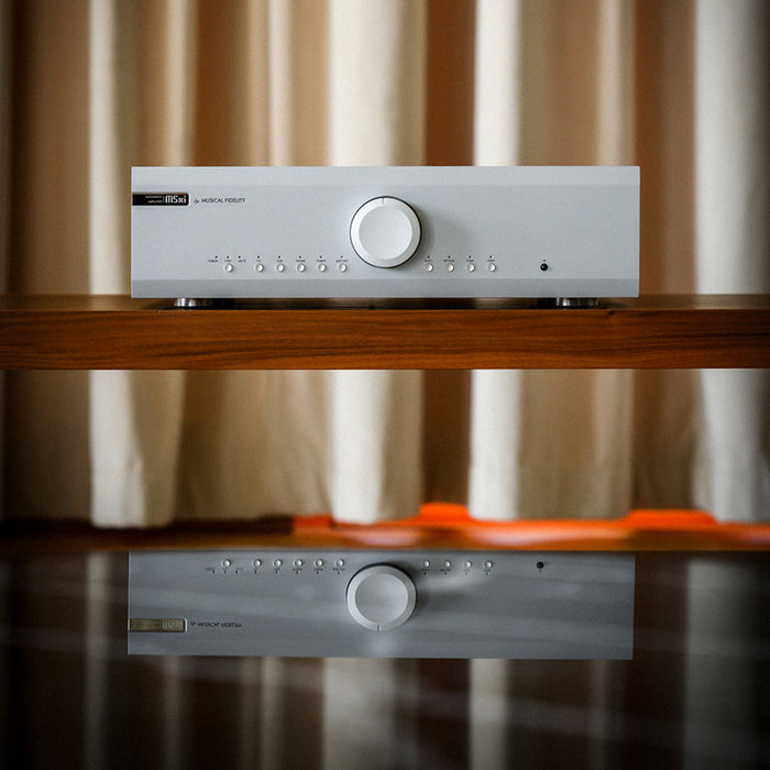 Musical Fidelity M5xi Integrated Amplifier lifestyle shot, in silver