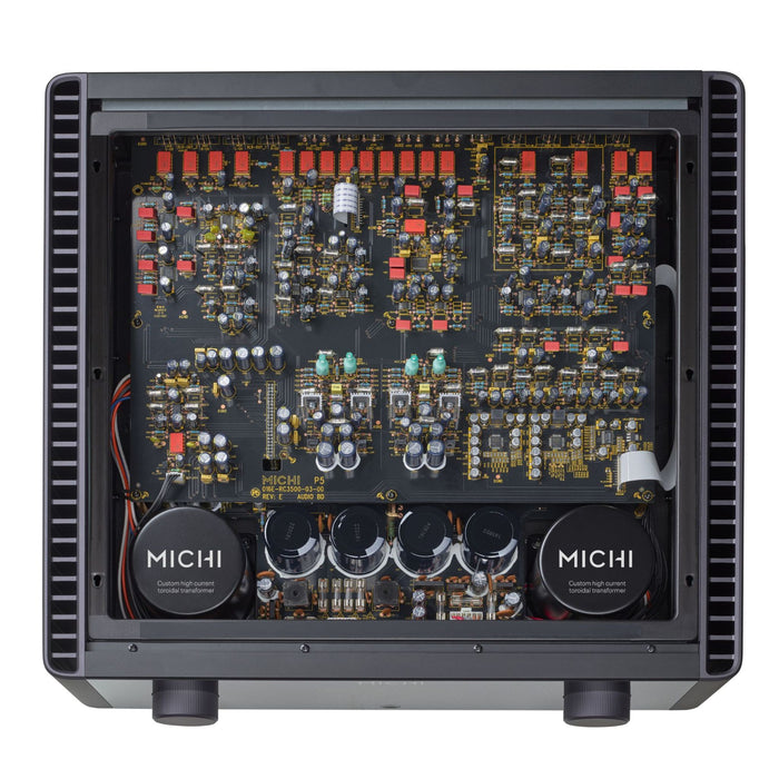 Michi P5 Series 2 Stereo Preamplifier top shot with cover removed, showing internal design