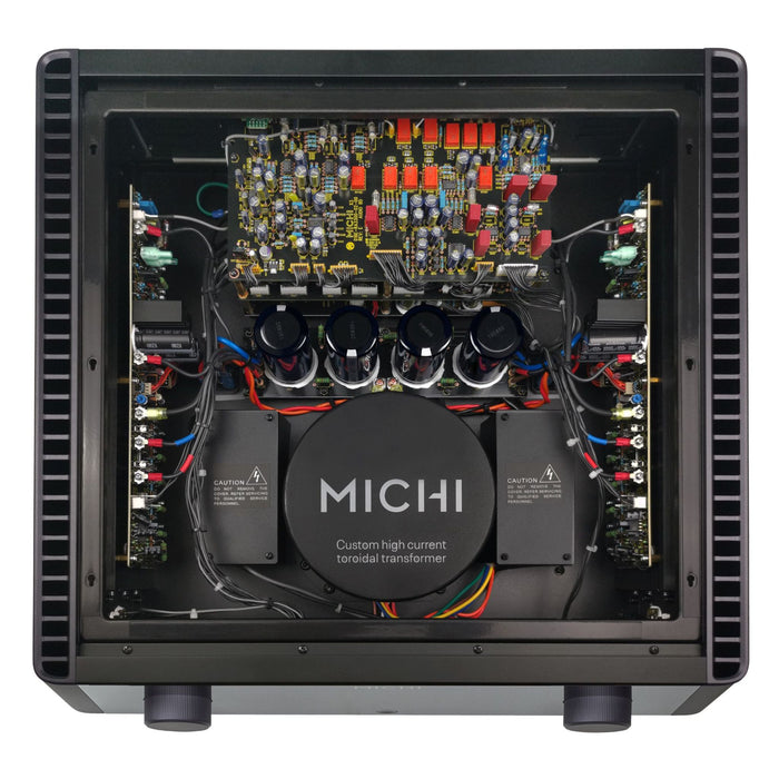 Michi X3 Series 2 Stereo Integrated Amplifier, top shot with cover removed showing internal components