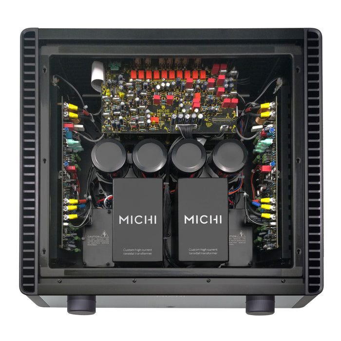 Michi X5 Series 2 Integrated Amplifier top view with cover removed, internal components