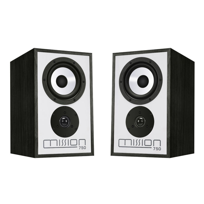 Mission 750 bookshelf speakers, black pair toed in view