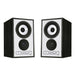 Mission 750 bookshelf speakers, black pair toed in view