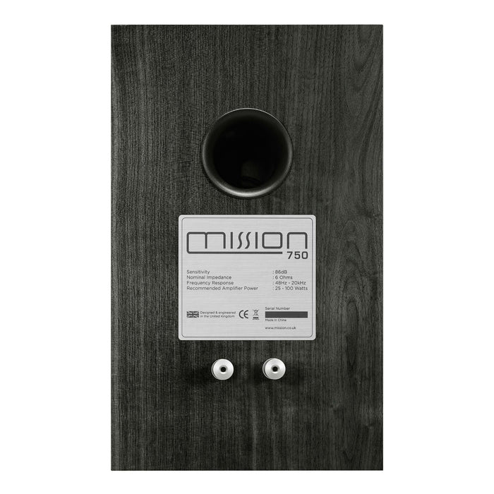 Mission 750 bookshelf speaker, black, rear panel view showing binding posts and bass port