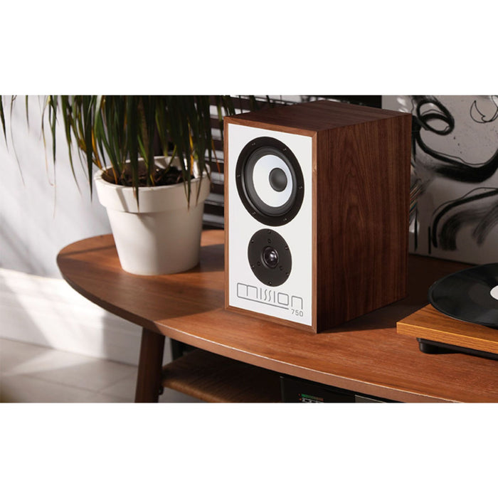 Mission 750 bookshelf speaker, walnut finish, lifestyle view showcasing elegant design