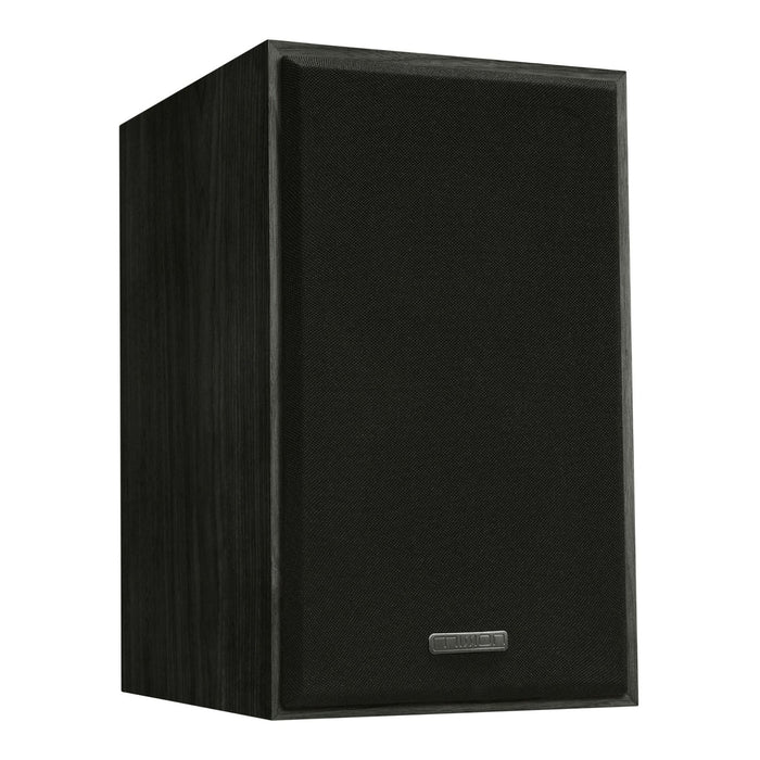 Mission 750 bookshelf speakers, black, angled view with grill in place