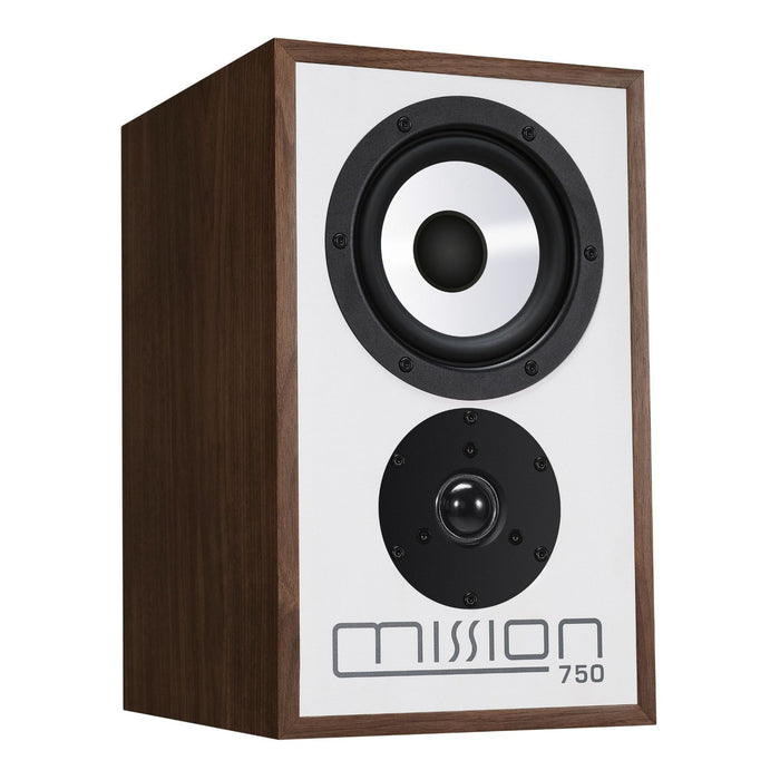 Mission 750 bookshelf speakers, walnut, angled view