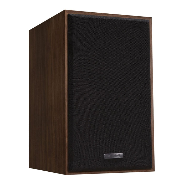 Mission 750 bookshelf speakers, walnut, angled view with grill in place