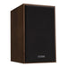 Mission 750 bookshelf speakers, walnut, angled view with grill in place