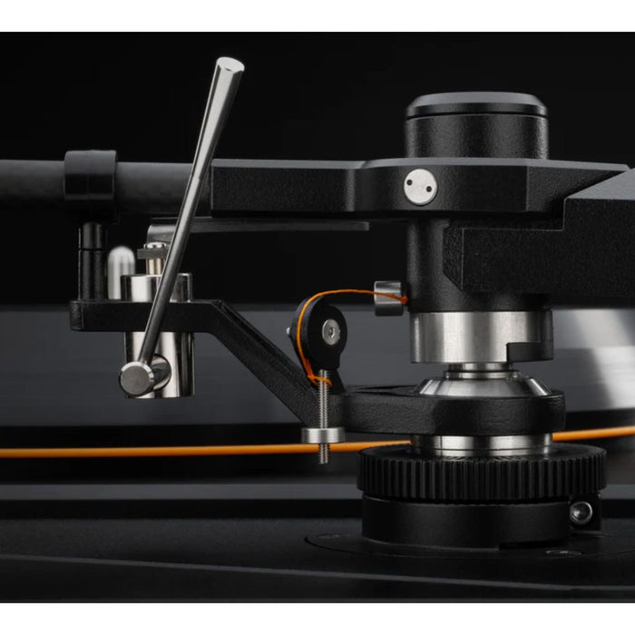 MoFi MasterDeck Turntable, walnut close up tonearm base, adjustments