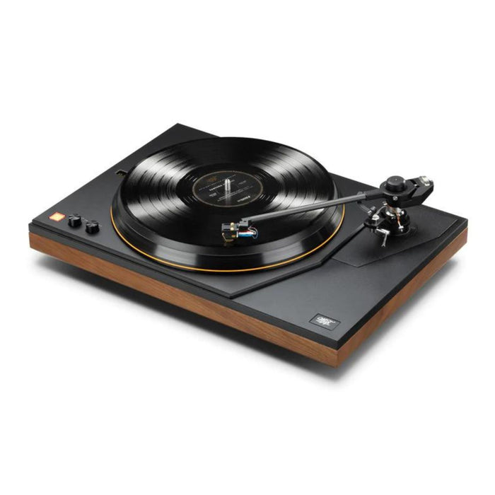 MoFi MasterDeck Turntable, Walnut angled view with record 