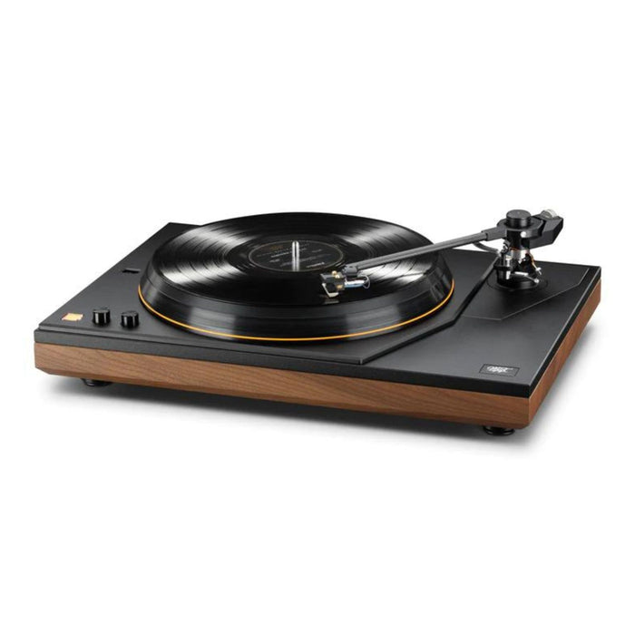 MoFi MasterDeck Turntable, Walnut angled left with record