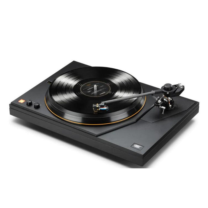 MoFi MasterDeck Turntable, black ash angled left with record