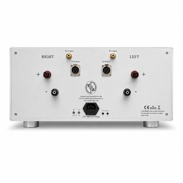 Back of the ModWright KWA300 Power Amplifier showing inputs and outputs on white background