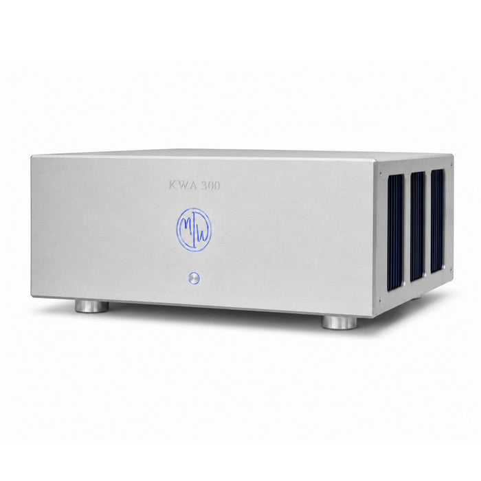 The front right side of the ModWright KWA300 Power Amplifier on a white background