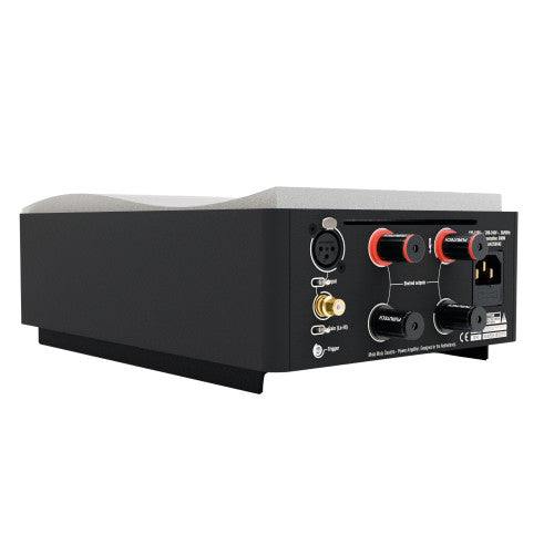Mola Mola Ossetra Monoblock Power Amplifier rear panel angled view, inputs and outputs