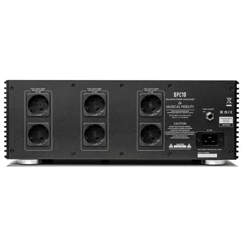 Musical Fidelity BPC10 rear panel showing six outlets and three isolated power zones