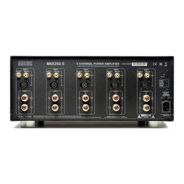 Musical Fidelity M6x 250.5 5 Channel Class A/B Power Amplifier, black rear panel, inputs and outputs