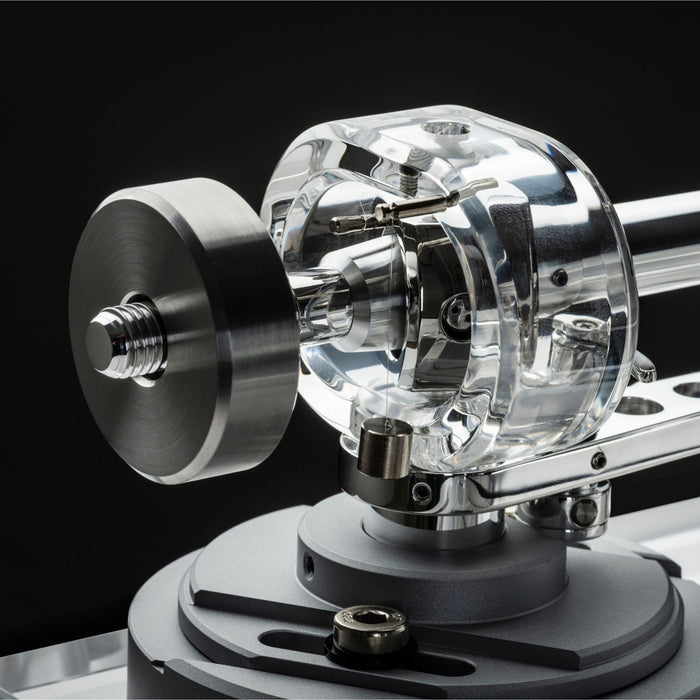 Musical Fidelity M8xTT Turntable, tonearm rear view close up, counterweight