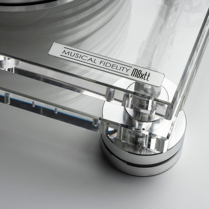 Musical Fidelity M8xTT Turntable, plinth close up angled view, badge