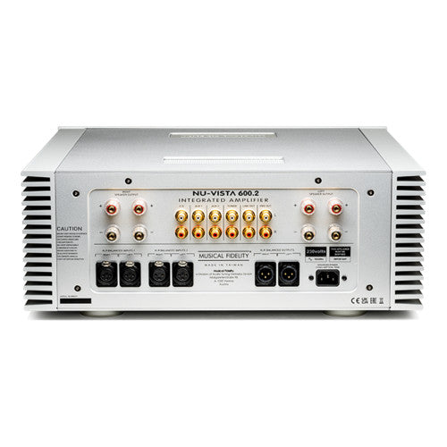 Musical Fidelity Nu-Vista 600.2 rear panel showing analog inputs, outputs, and speaker terminals