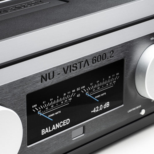 Close-up of Musical Fidelity Nu-Vista 600.2 color display showing input and volume information