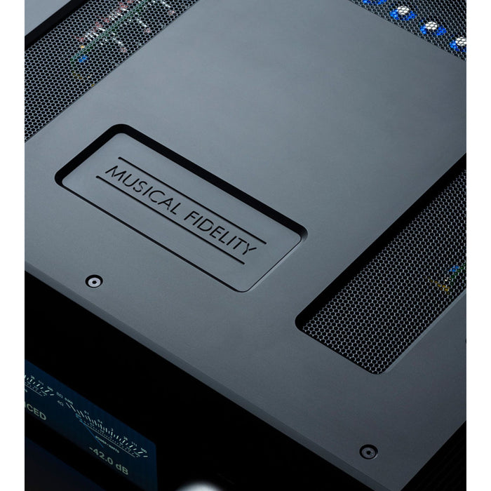 Musical Fidelity Nu-Vista 800.2 Integrated Amplifier, black finish close up angled view, top surface