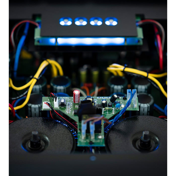 Musical Fidelity Nu-Vista 800.2 Integrated Amplifier, black finish close up view of internals