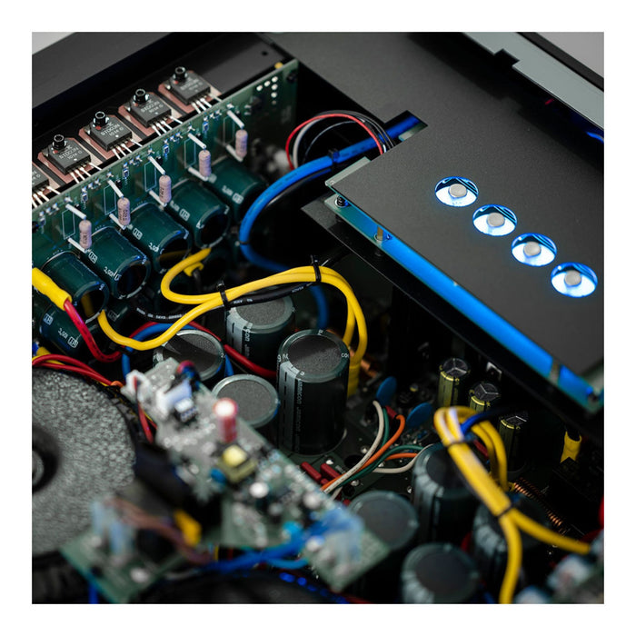 Musical Fidelity Nu-Vista 800.2 Integrated Amplifier, black finish close up view of internals, angled view