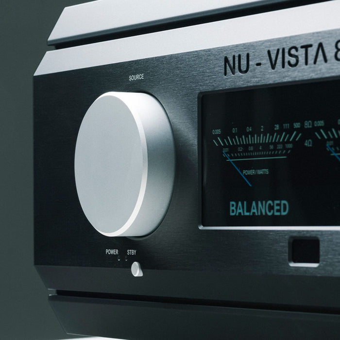 Musical Fidelity Nu-Vista 800.2 Integrated Amplifier, black finish close up, angled view