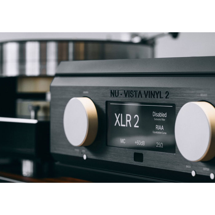 Musical Fidelity Nu-Vista Vinyl 2 Phono Stage, black finish lifestyle view with turntable close up