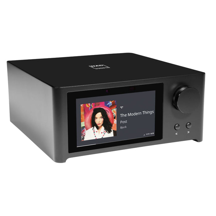 NAD C 700 V2 BluOS Streaming Amplifier, front angled shot showcasing the display and sleek chassis