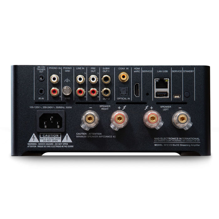 NAD M10 V3 BluOS Streaming Amplifier rear panel, inputs and outputs