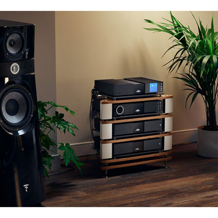 Naim NAP 350 Monoblock Power Amplifier, lifestyle photo featuring full Naim setup and Focal speakers