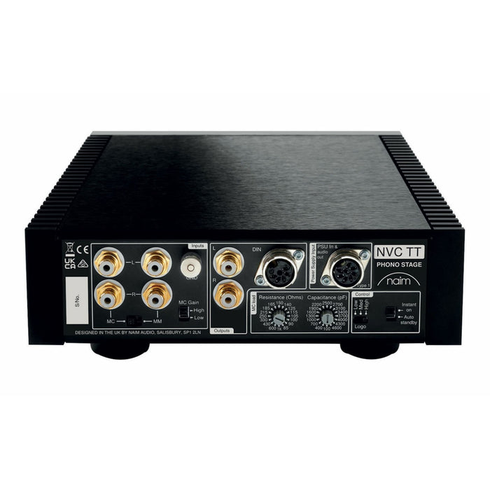 Naim NVC TT MM & MC Phono Preamplifier rear panel, inputs and outputs, adjustable loading options. Resistance and capacitance dials for both MM and MC cartridges.