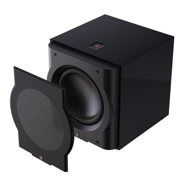 Perlisten D12s Powered Subwoofer, piano black top angled view with grill