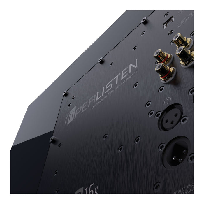 Perlisten D15s Powered Subwoofer, Piano Black, back panel low angle view