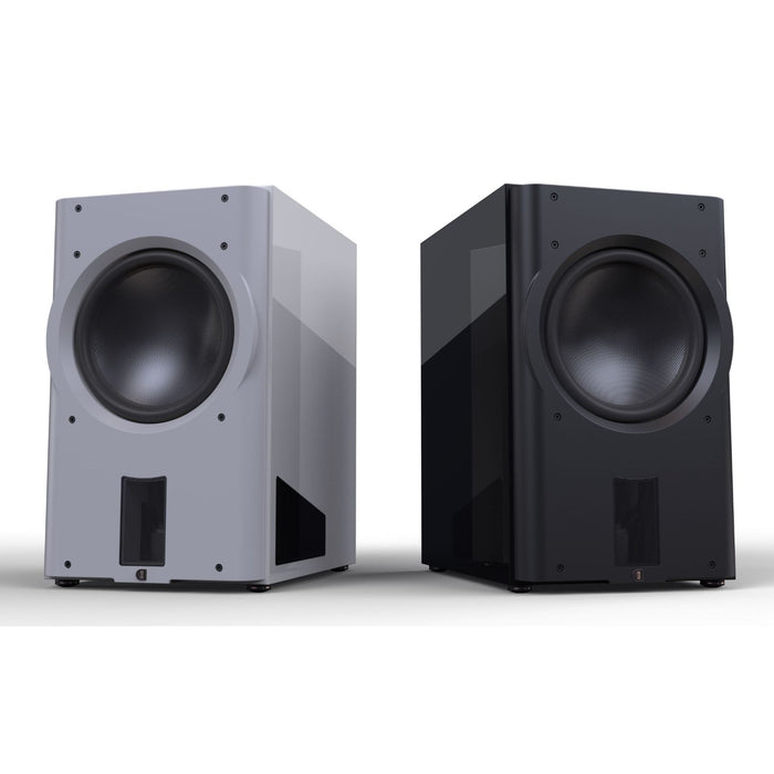 Perlisten D215s Dual Driver Powered Subwoofer, piano white and piano black hero shot