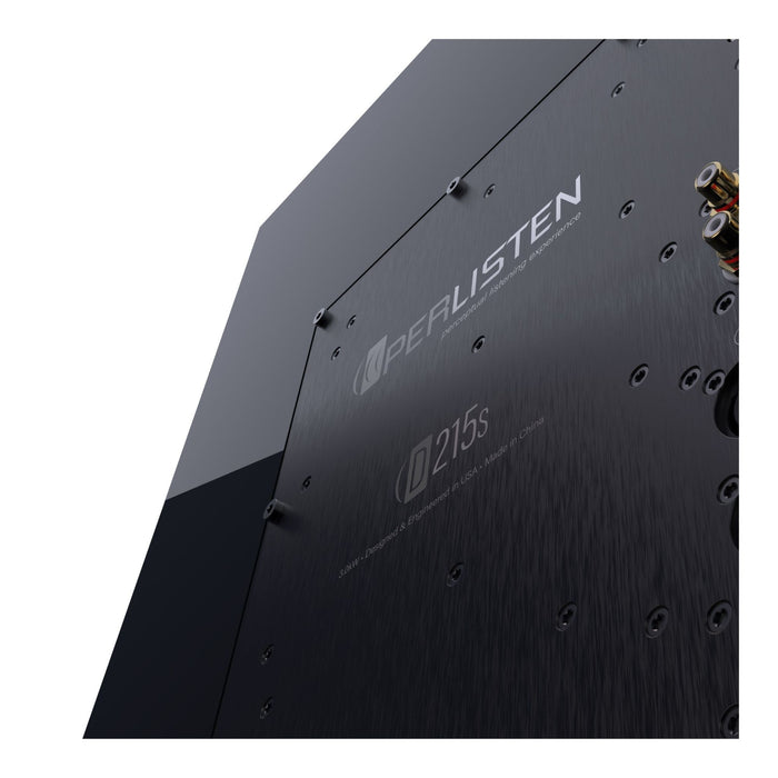 Perlisten D215s Dual Driver Powered Subwoofer, piano black rear panel close up hero shot