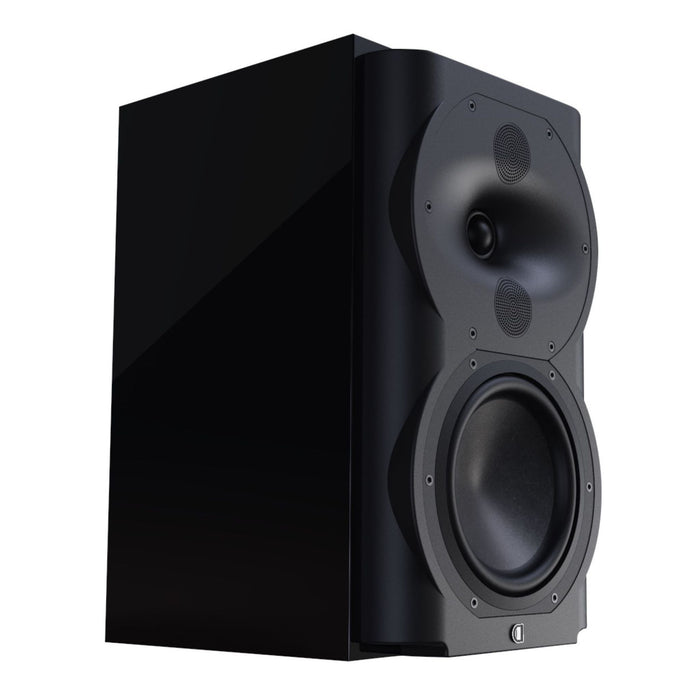Perlisten R4b Bookshelf Speakers, piano black angled view