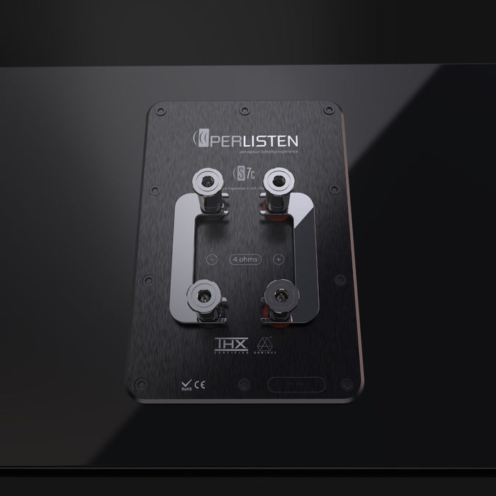 Perlisten S7c Center Channel Speaker, piano black back panel close up