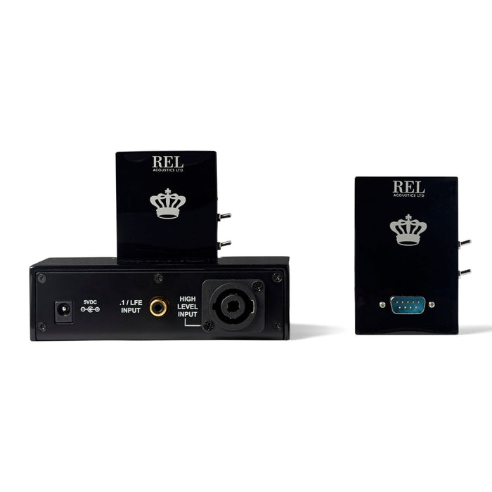 REL Arrow Wireless Transmitter, with receiver unit rear panel, inputs and outputs