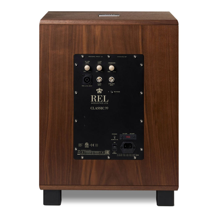 REL Classic 99 Subwoofer, walnut veneer angled view