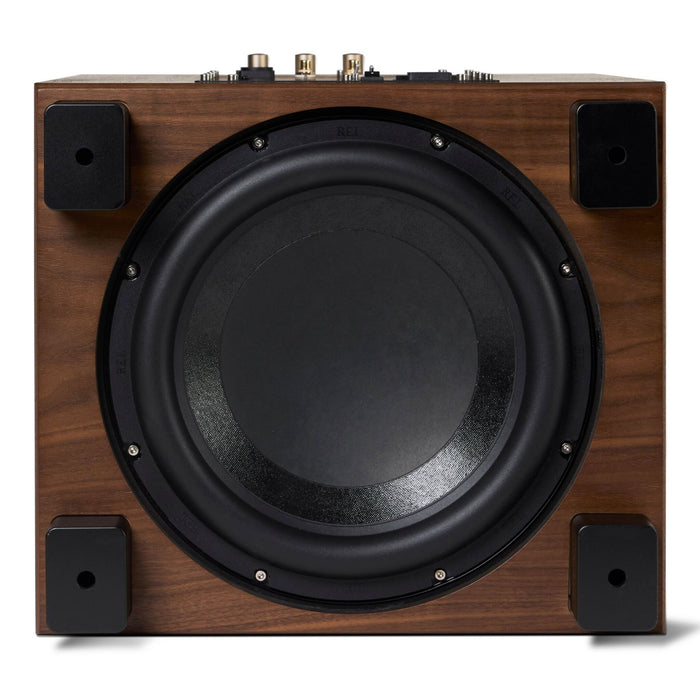 REL Classic 99 Subwoofer, walnut veneer angled view