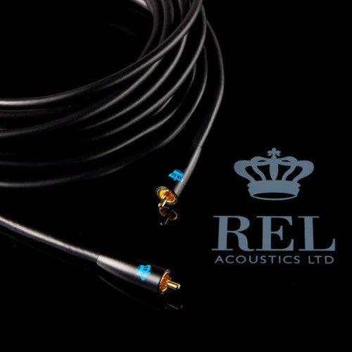REL Commander Subwoofer Cable hero shot with REL logo