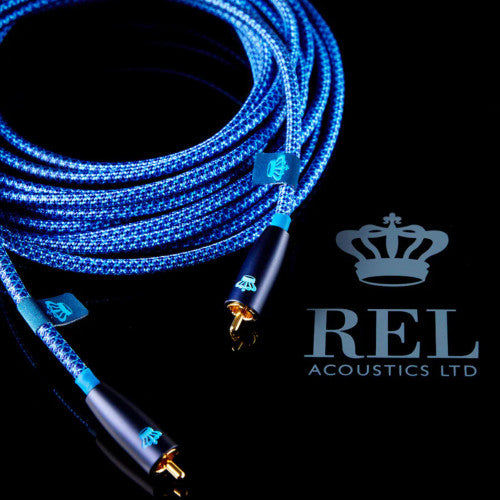 REL Commodore Subwoofer Cable hero shot, with REL logo