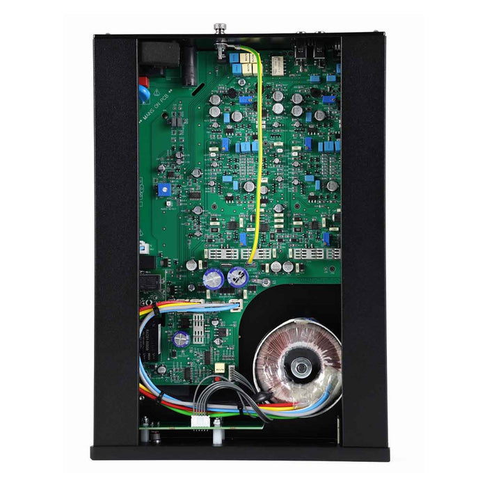 Rega AOS Moving Coil Phono Preamplifier top photo with cover removed, showing internal components and design